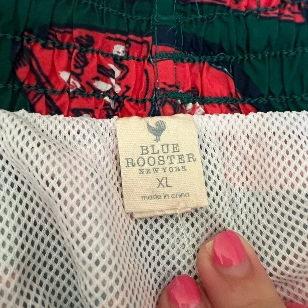 NWT Pink Chicken Blue Rooster Men’s Watermelon Puzzle Swim Trunks in size XL